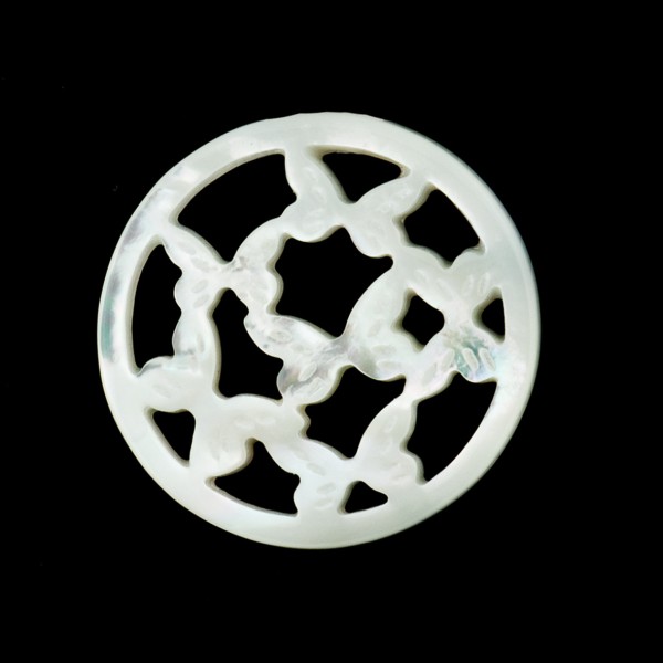 Mother-of-Pearl, white, ornament, butterfly, round, 20mm