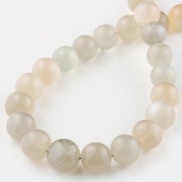 Gemstone necklace, moonstone, grey, beads, faceted, 14 mm, beads, smooth, 12-13 mm, length: ca. 43 cm