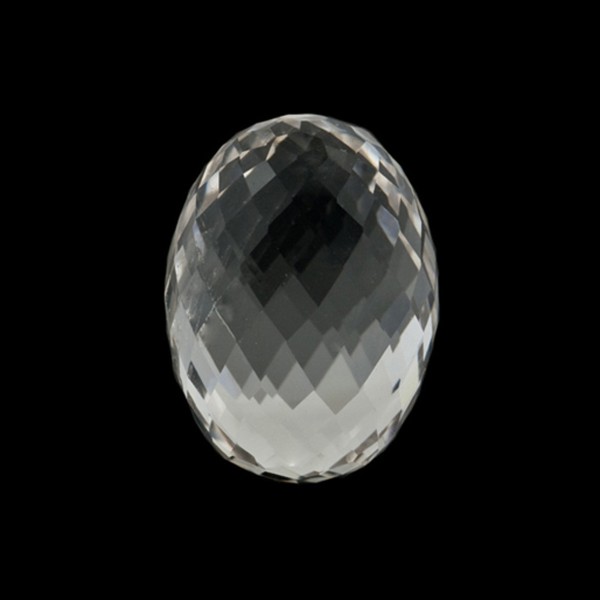 Rock crystal, transparent, colorless, olive shape, faceted, 14 x 11 mm