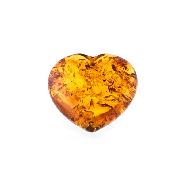 Amber, cognac-colored, lentil cut, heart shape, smooth, 23 x 23 mm