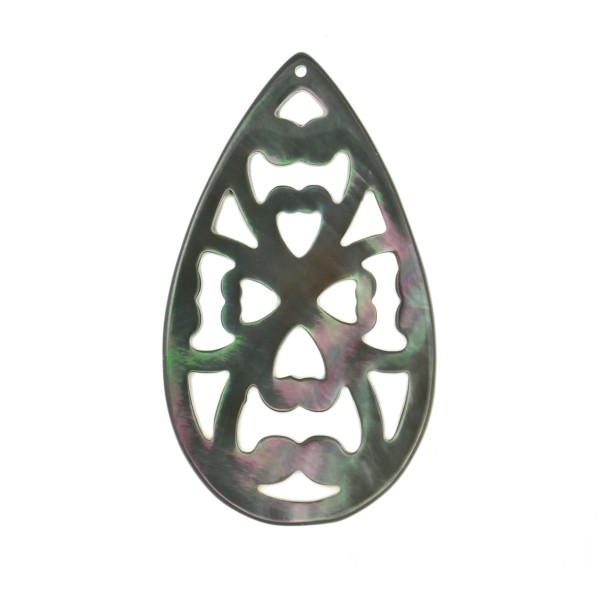 Perlmutt, grau, Ornament, Birnenform flach, 35x20 mm