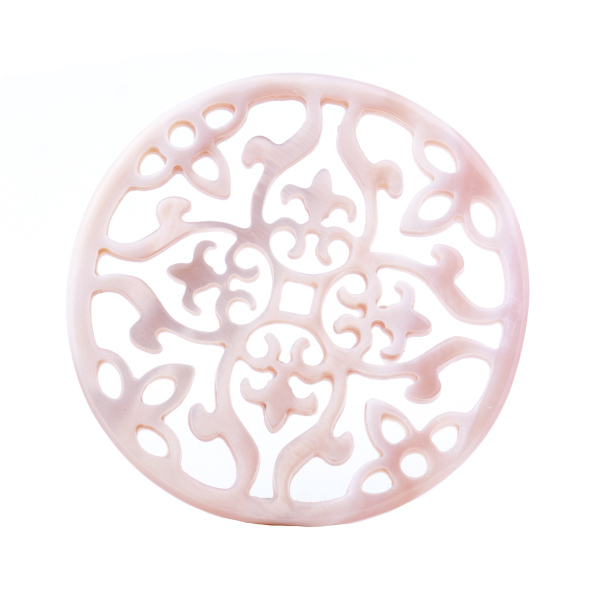 Mother-of-pearl, pink, ornament, filigree, round, 40 mm