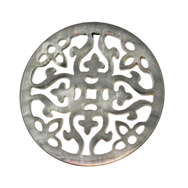 Mother-of-pearl, grey, ornament, filigree, round, 40 mm