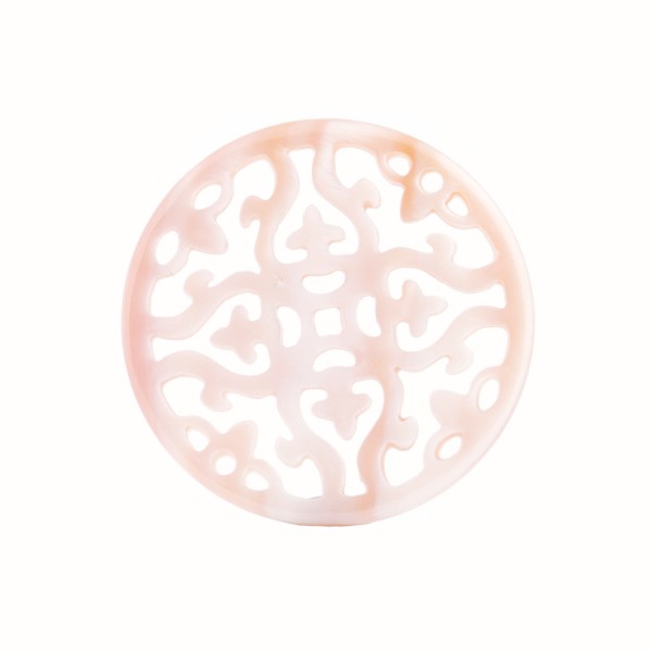 Mother-of-pearl, pink, ornament, filigree, round, 30 mm