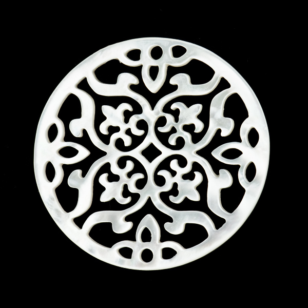 Perlmutt, weiß, Ornament, filigran, rund, 40 mm
