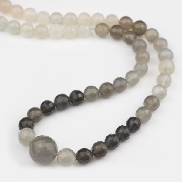 Gemstone necklace, moonstone, grey gradient, beads, faceted, Ø 8-15 mm