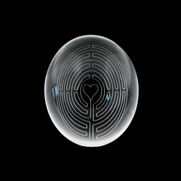 Rock crystal, transparent, colorless, cabochon, laser engraved, oval, 31 x 26 mm (unique)