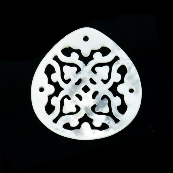 Perlmutt, weiß, Ornament, Birnenform flach, 30x30mm