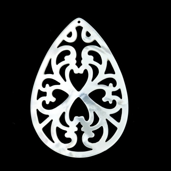 Perlmutt, weiß, Ornament, Birnenform flach, 50x35 mm